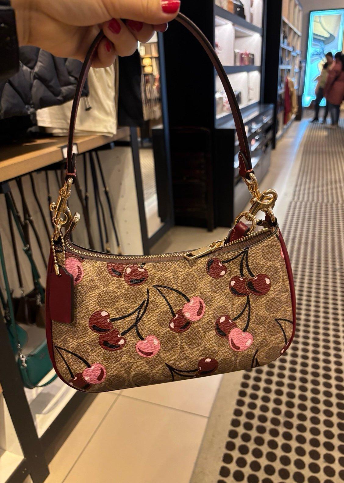 NWT Coach Teri Shoulder Bag in Signature Canvas with Cherry Print Tan Brown CY694