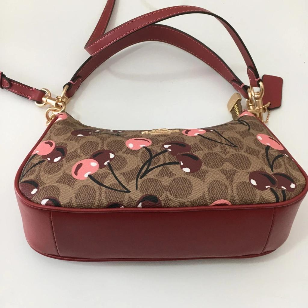 NWT Coach Teri Shoulder Bag in Signature Canvas with Cherry Print Tan Brown CY694