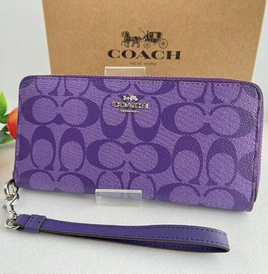 Coach C4452 Long Zip Around Wallet with Detachable Strap, Signature Canvas Sport Purple